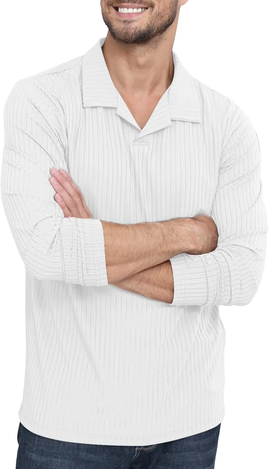 Men's Knit Polo Shirts Casual V Neck T-Shirts Stylish Golf Polo Shirts Ribbed Soft Tee
