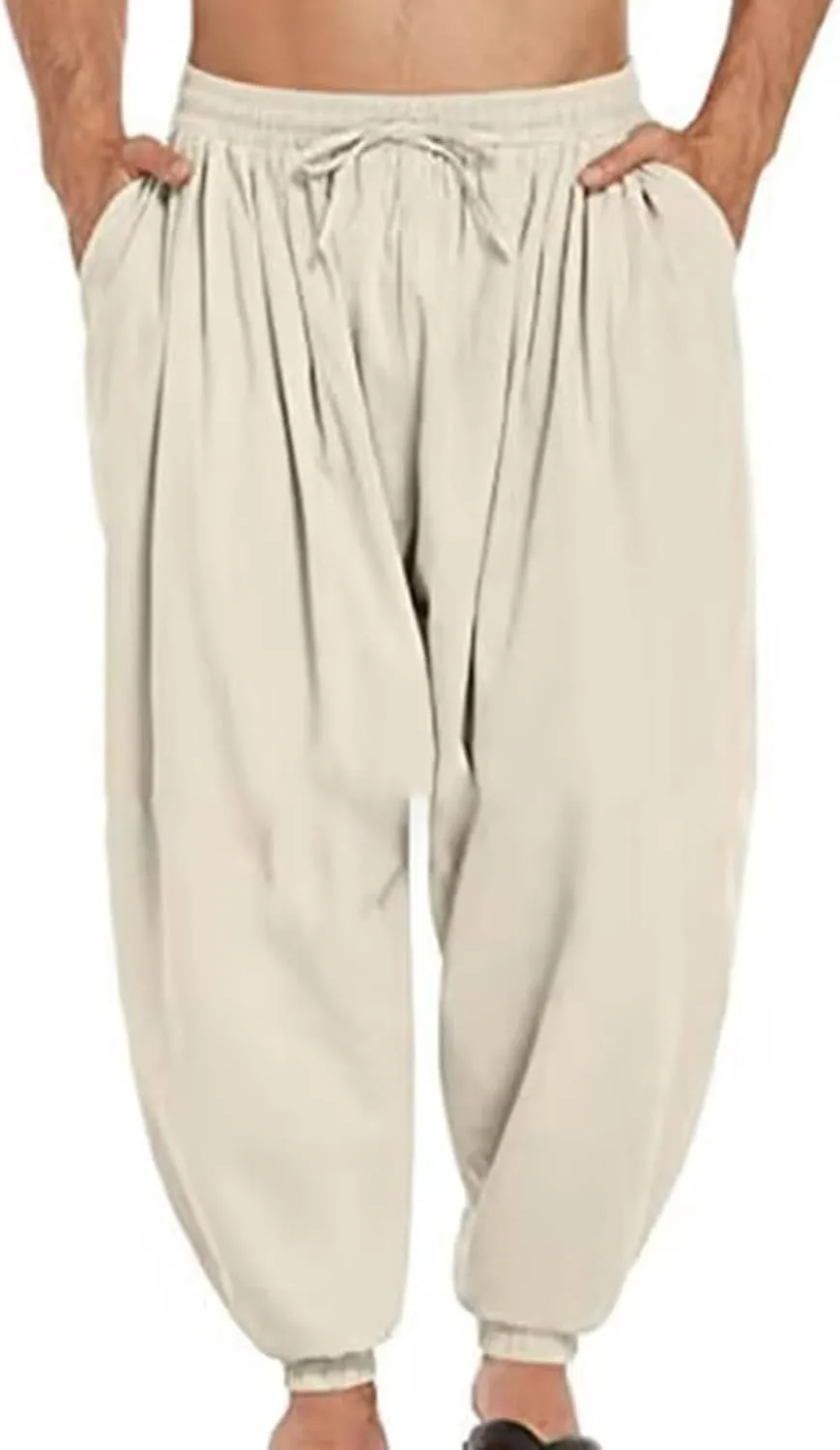 Mens Linen Harem Pants Drawstring Beach Pants Loose Fit Wide Leg Pant Casual Yoga Hippie Thai Pants with Pockets