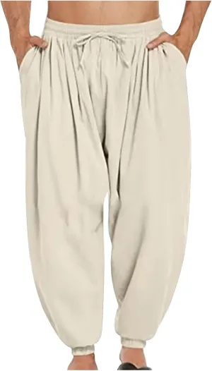 Mens Linen Harem Pants Drawstring Beach Pants Loose Fit Wide Leg Pant Casual Yoga Hippie Thai Pants with Pockets