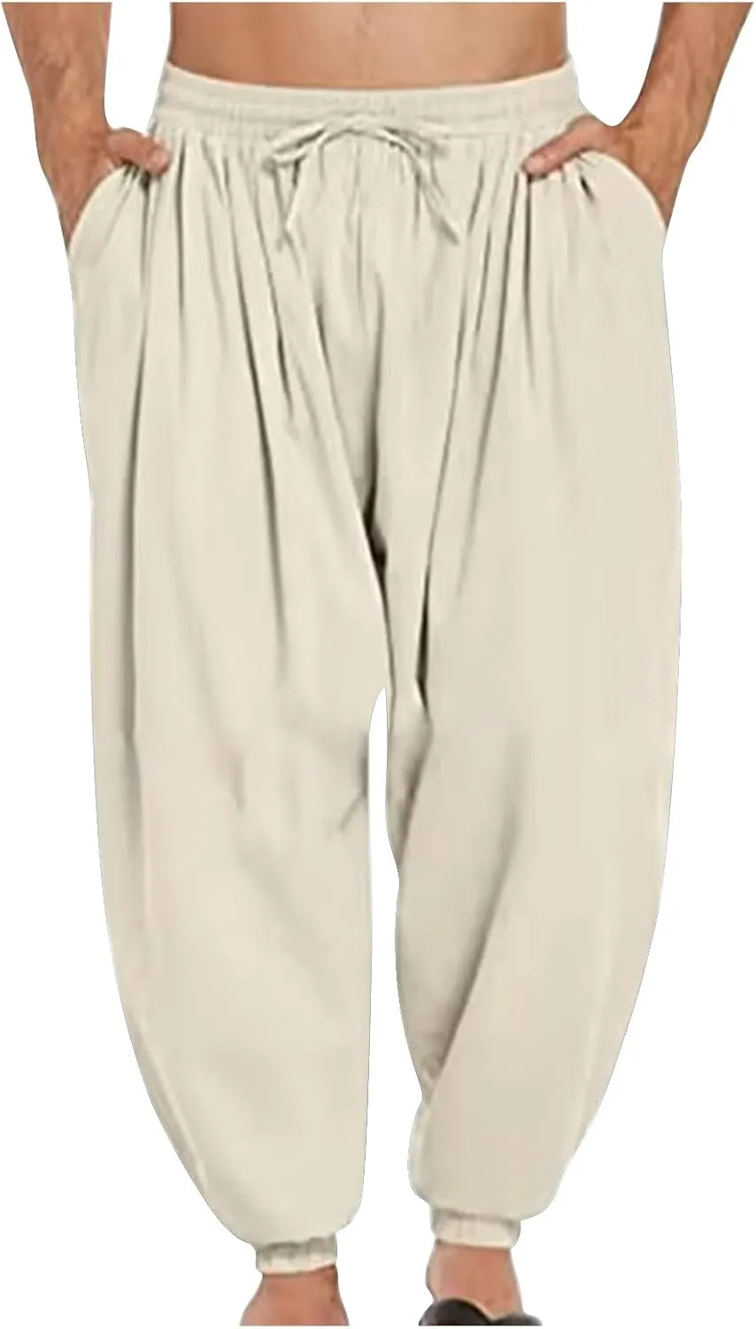 Mens Linen Harem Pants Drawstring Beach Pants Loose Fit Wide Leg Pant Casual Yoga Hippie Thai Pants with Pockets