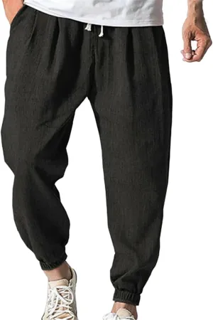 Men's Linen Pants Straight-Legs Wide Leg Lightweight Loose fit Elastic Waist Pant Fashion Summer Beach Baggy Trouser