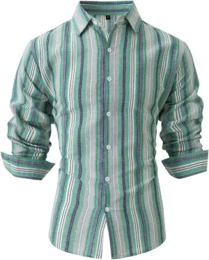 Mens Linen Shirts Button Down Striped Shirts Casual Long Sleeve Linen Shirts for Men Collared Fashion Business Shirt