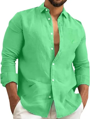 Men's Linen Shirts Slim Fit Long Sleeve Beach Hawaiian Shirts Business Casual Collared Button Down Work Shirts