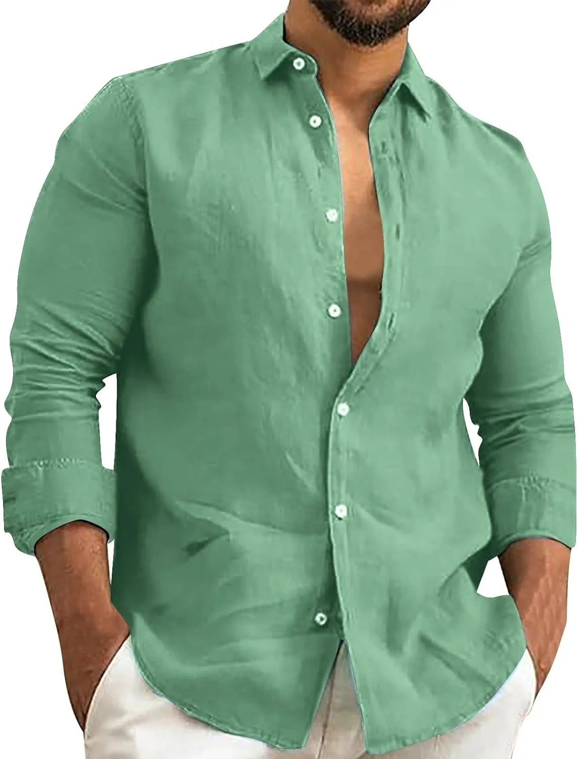 Men's Linen Shirts Slim Fit Long Sleeve Beach Hawaiian Shirts Business Casual Collared Button Down Work Shirts