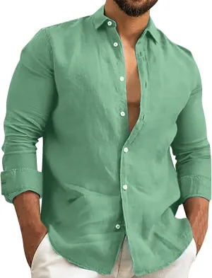 Men's Linen Shirts Slim Fit Long Sleeve Beach Hawaiian Shirts Business Casual Collared Button Down Work Shirts
