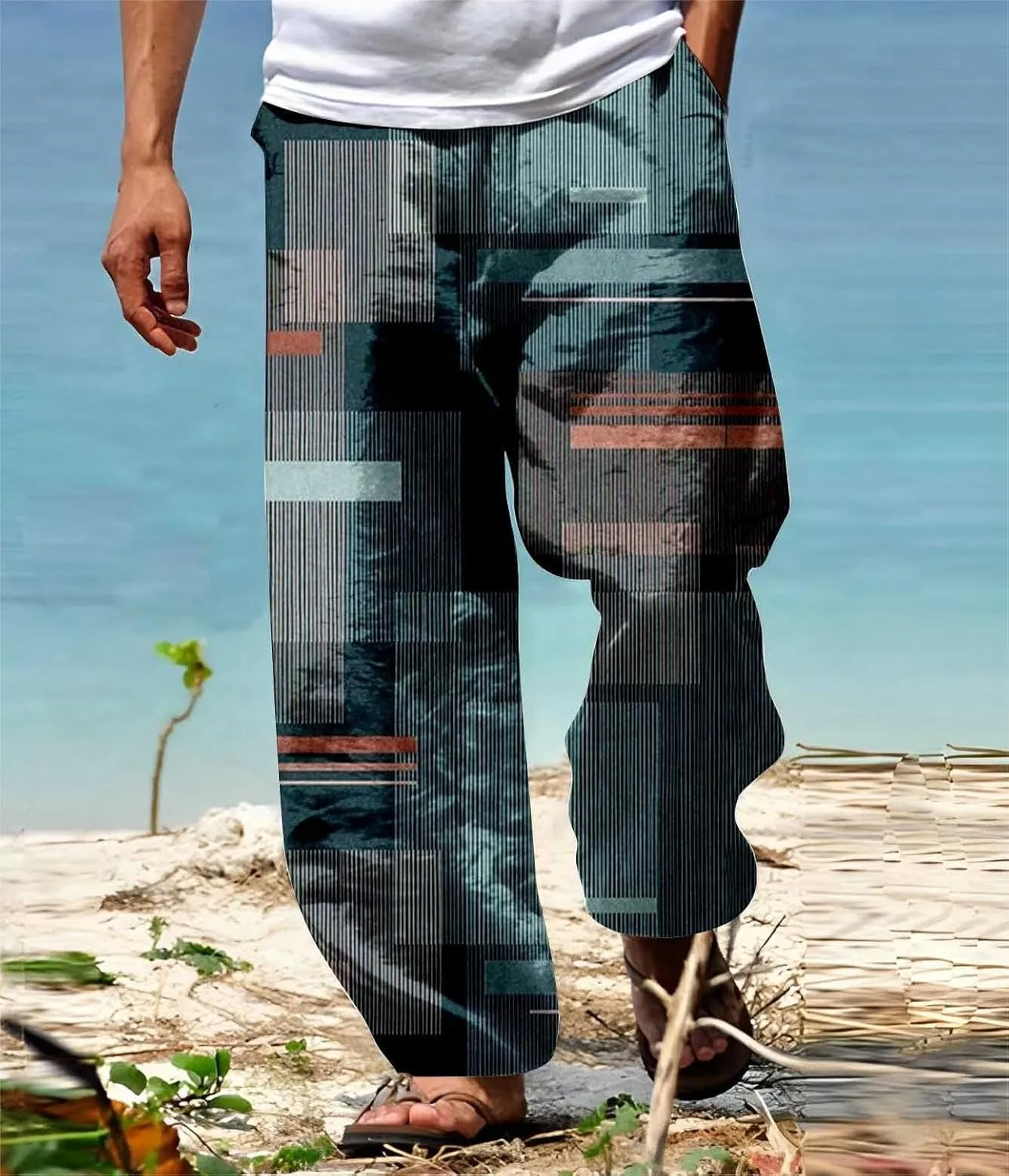 Mens Loose Fit Beach Boho Pants Wide Leg Hippie Harem Pants Elastic Waist Geometric Graphic Yoga Aladdin Trousers