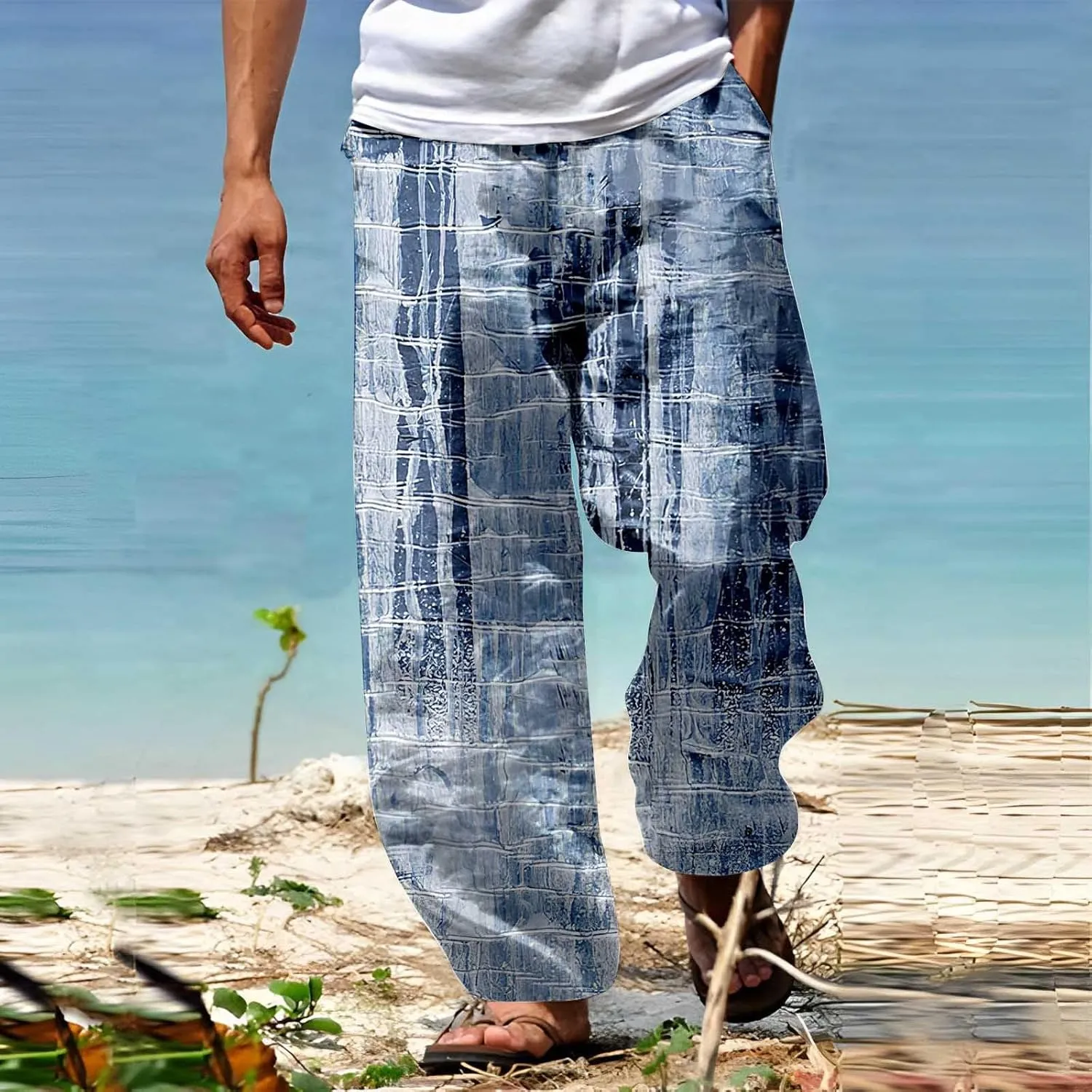 Mens Loose Fit Beach Boho Pants Wide Leg Hippie Harem Pants Elastic Waist Geometric Graphic Yoga Aladdin Trousers
