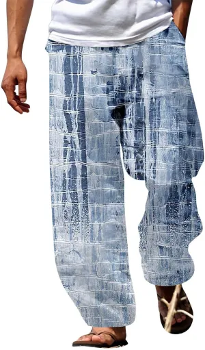 Mens Loose Fit Beach Boho Pants Wide Leg Hippie Harem Pants Elastic Waist Geometric Graphic Yoga Aladdin Trousers