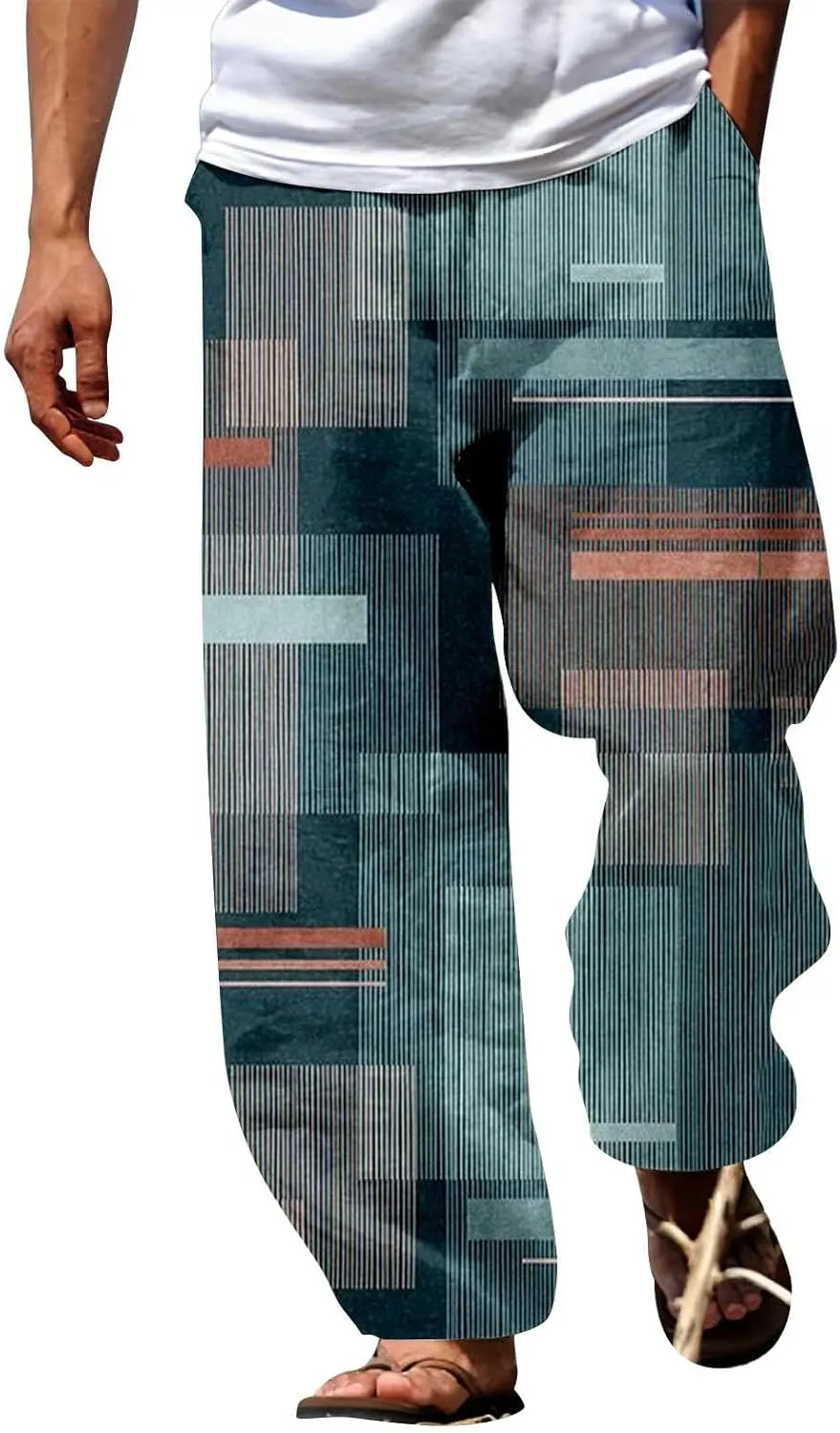 Mens Loose Fit Beach Boho Pants Wide Leg Hippie Harem Pants Elastic Waist Geometric Graphic Yoga Aladdin Trousers