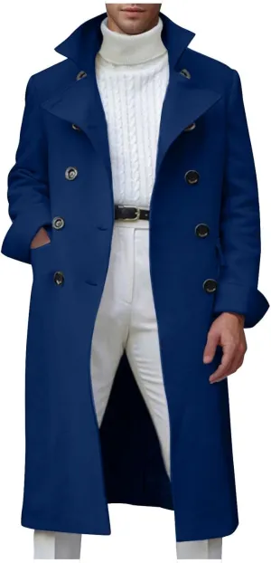Mens Outdoor Fashion Long Trench Coat Notch Lapel Double Breasted Belted Pea Coats Wool Blend Winter Warm Overcoats