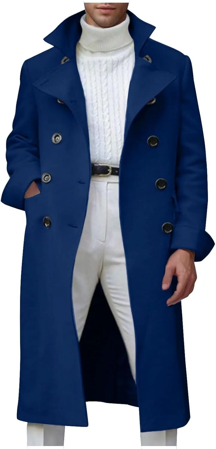 Mens Outdoor Fashion Long Trench Coat Notch Lapel Double Breasted Belted Pea Coats Wool Blend Winter Warm Overcoats