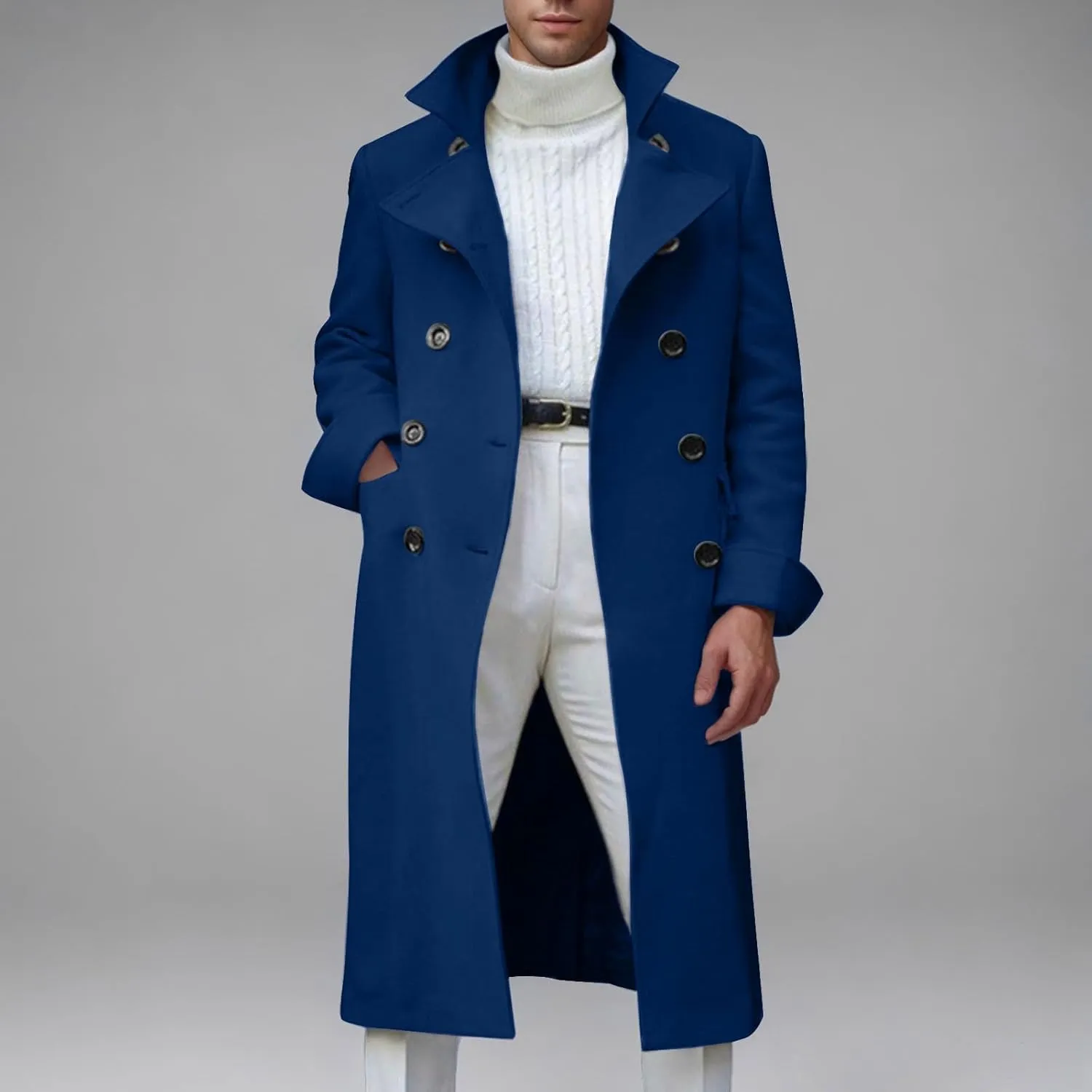 Mens Outdoor Fashion Long Trench Coat Notch Lapel Double Breasted Belted Pea Coats Wool Blend Winter Warm Overcoats