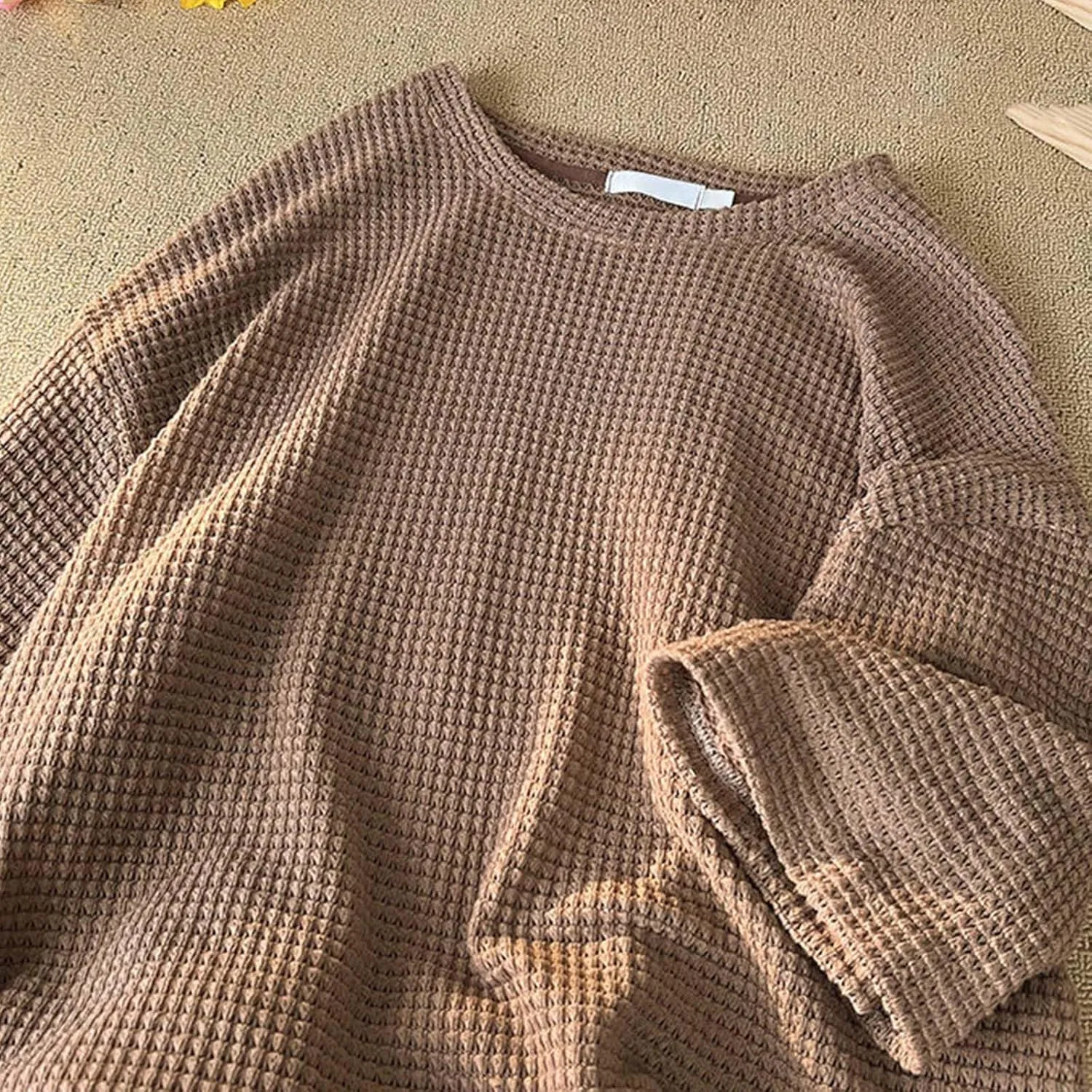 Men's Oversized T-Shirts Casual Loose Knit Short Sleeve Crew Neck Honeycomb Waffle Solid Knitted Pullover Tees Tops