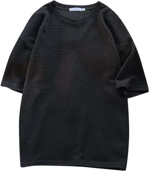 Men's Oversized T-Shirts Casual Loose Knit Short Sleeve Crew Neck Honeycomb Waffle Solid Knitted Pullover Tees Tops
