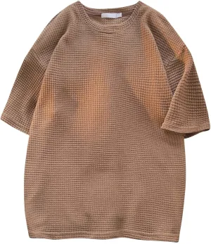 Men's Oversized T-Shirts Casual Loose Knit Short Sleeve Crew Neck Honeycomb Waffle Solid Knitted Pullover Tees Tops