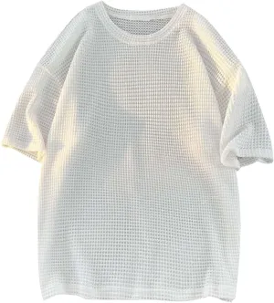 Men's Oversized T-Shirts Casual Loose Knit Short Sleeve Crew Neck Honeycomb Waffle Solid Knitted Pullover Tees Tops