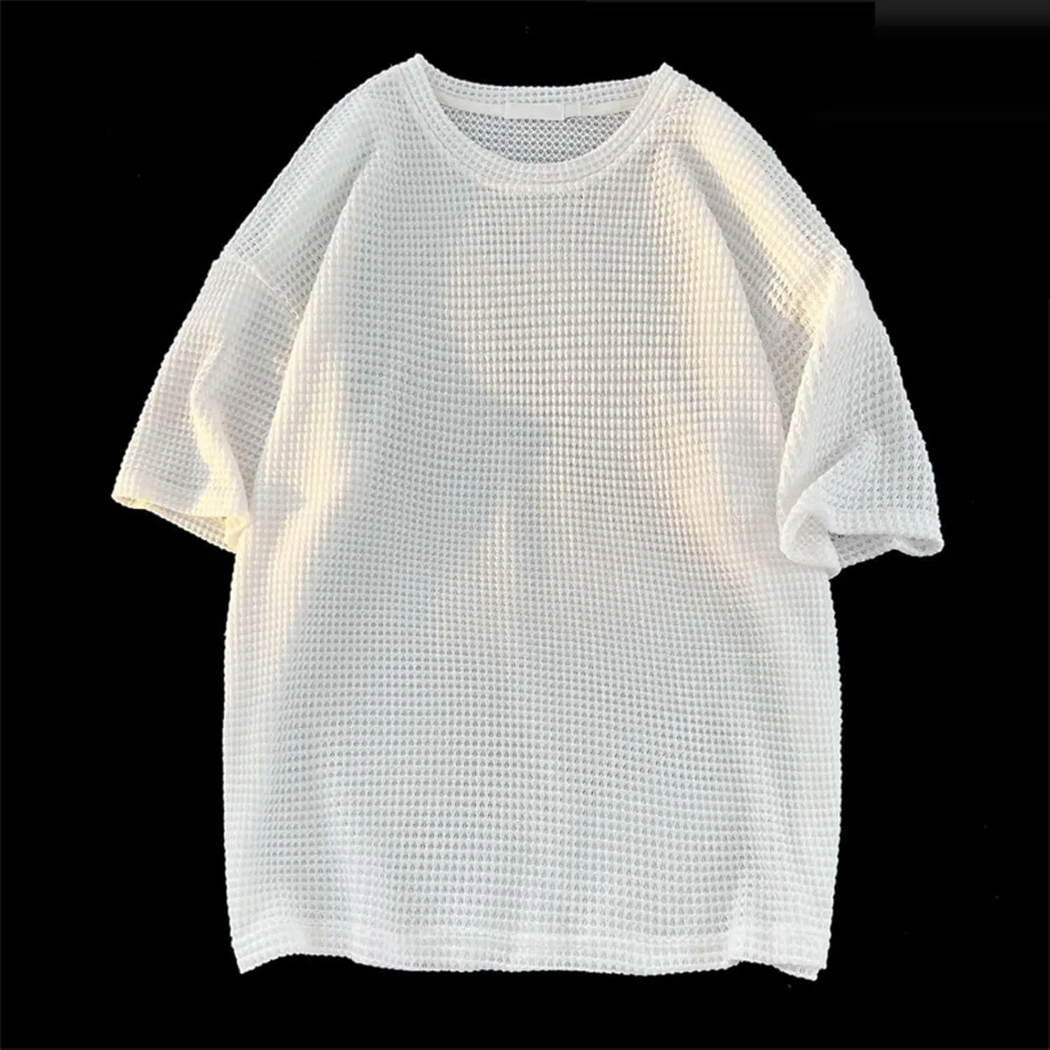 Men's Oversized T-Shirts Casual Loose Knit Short Sleeve Crew Neck Honeycomb Waffle Solid Knitted Pullover Tees Tops