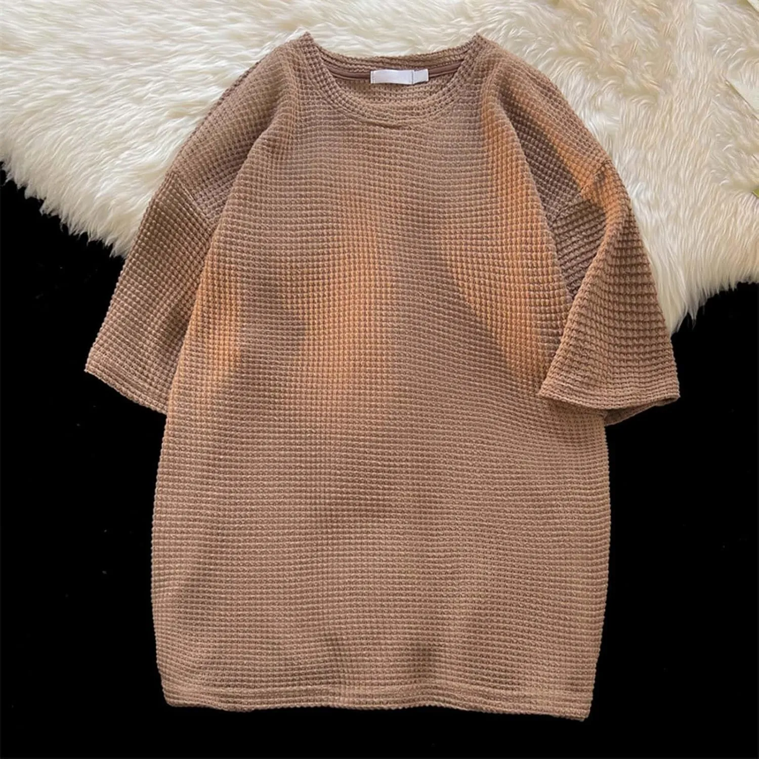 Men's Oversized T-Shirts Casual Loose Knit Short Sleeve Crew Neck Honeycomb Waffle Solid Knitted Pullover Tees Tops