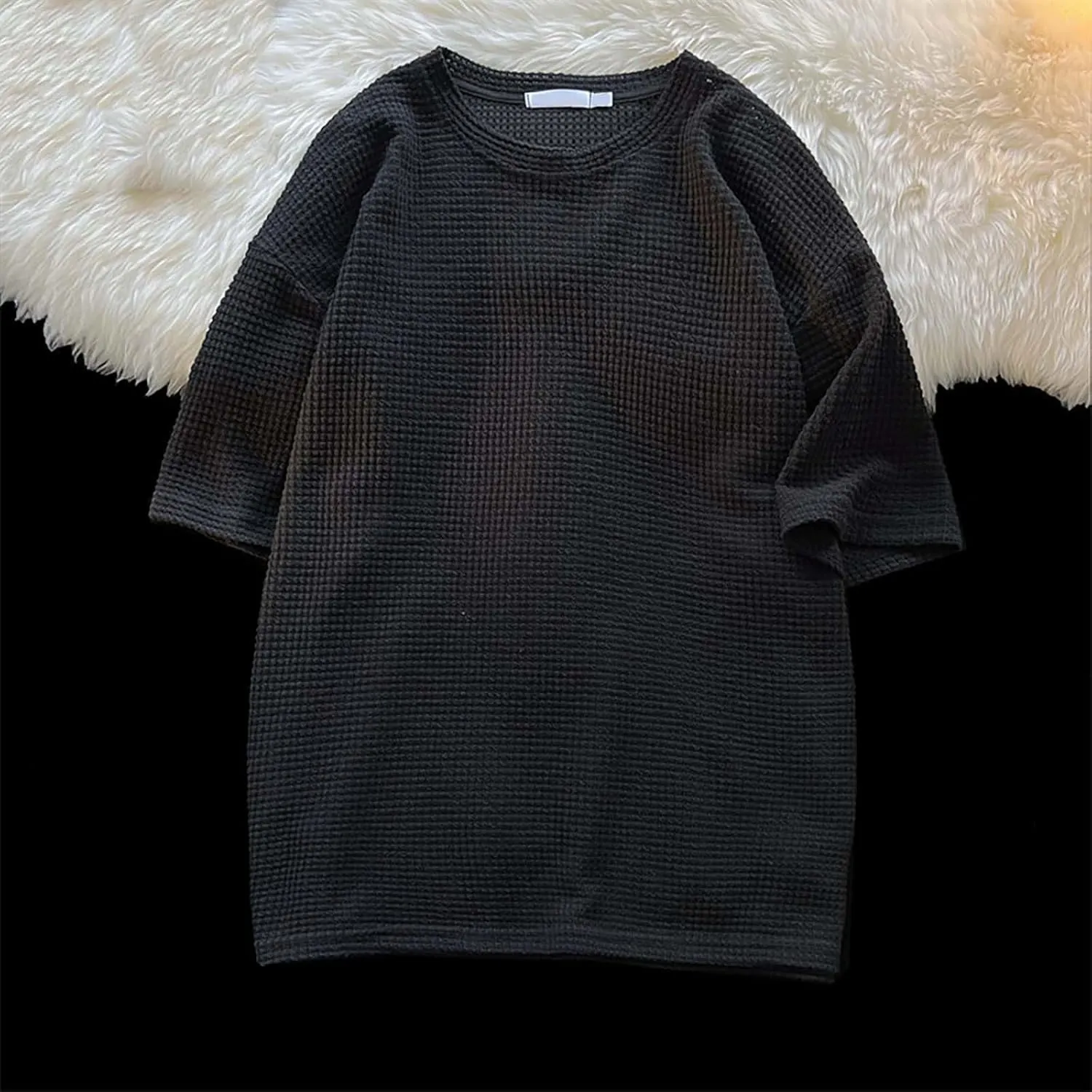 Men's Oversized T-Shirts Casual Loose Knit Short Sleeve Crew Neck Honeycomb Waffle Solid Knitted Pullover Tees Tops