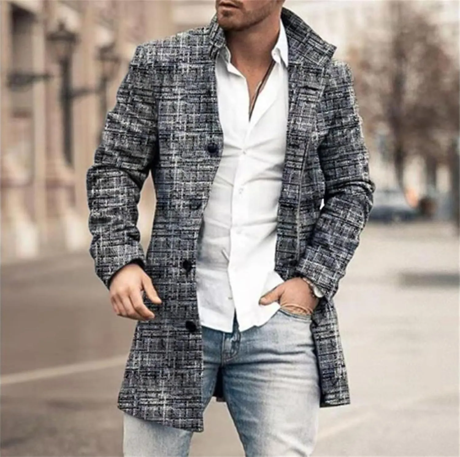 Mens Plaid Trench Coat Slim Fit Lapel Single Breasted Wool Blend Pea Coat Winter Trench Coats Business Jacket Outerwear