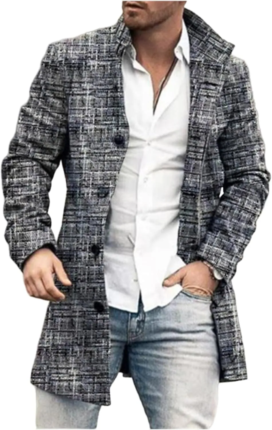 Mens Plaid Trench Coat Slim Fit Lapel Single Breasted Wool Blend Pea Coat Winter Trench Coats Business Jacket Outerwear
