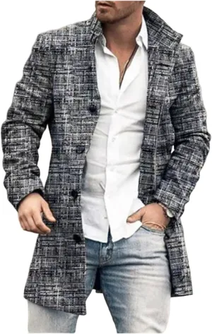 Mens Plaid Trench Coat Slim Fit Lapel Single Breasted Wool Blend Pea Coat Winter Trench Coats Business Jacket Outerwear