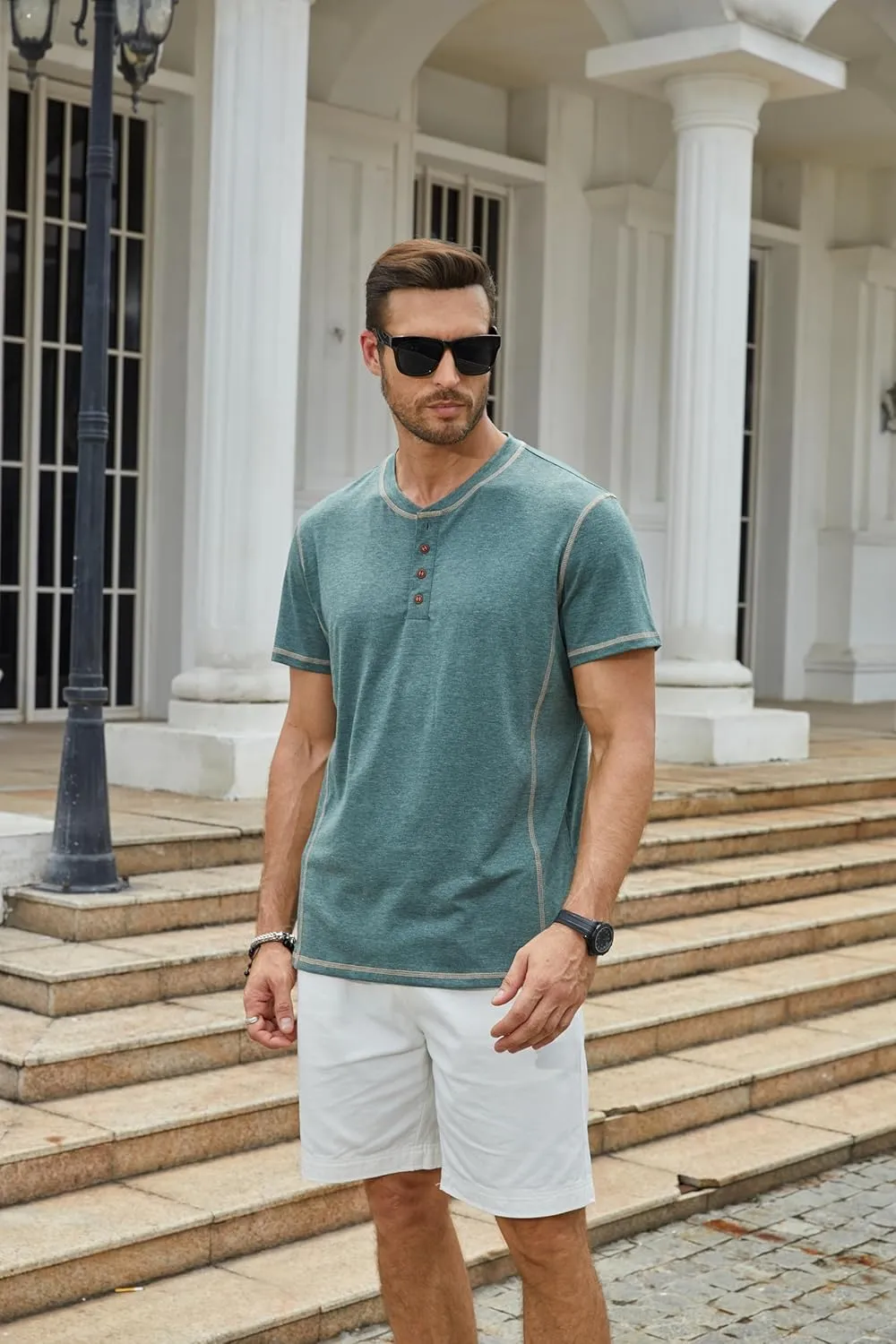 Mens Short Sleeve Henley Shirts Casual Button Tee Shirts Basic Cotton T-Shirts Summer Lightweight Tee Tops