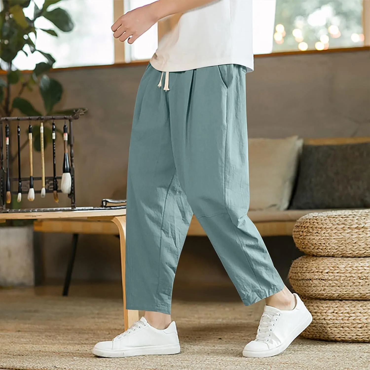 Mens Solid Color Jogger Harem Pants Casual Loose Fitted Beach Drawstring Elastic Waist Yoga Trousers with Pockets