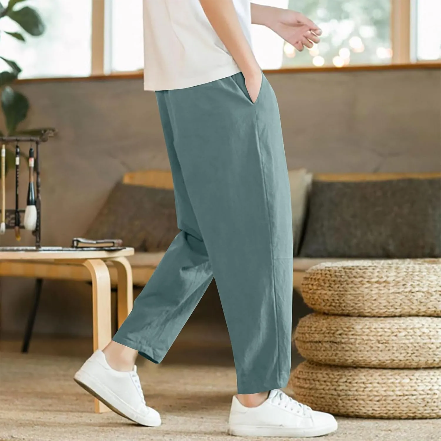 Mens Solid Color Jogger Harem Pants Casual Loose Fitted Beach Drawstring Elastic Waist Yoga Trousers with Pockets