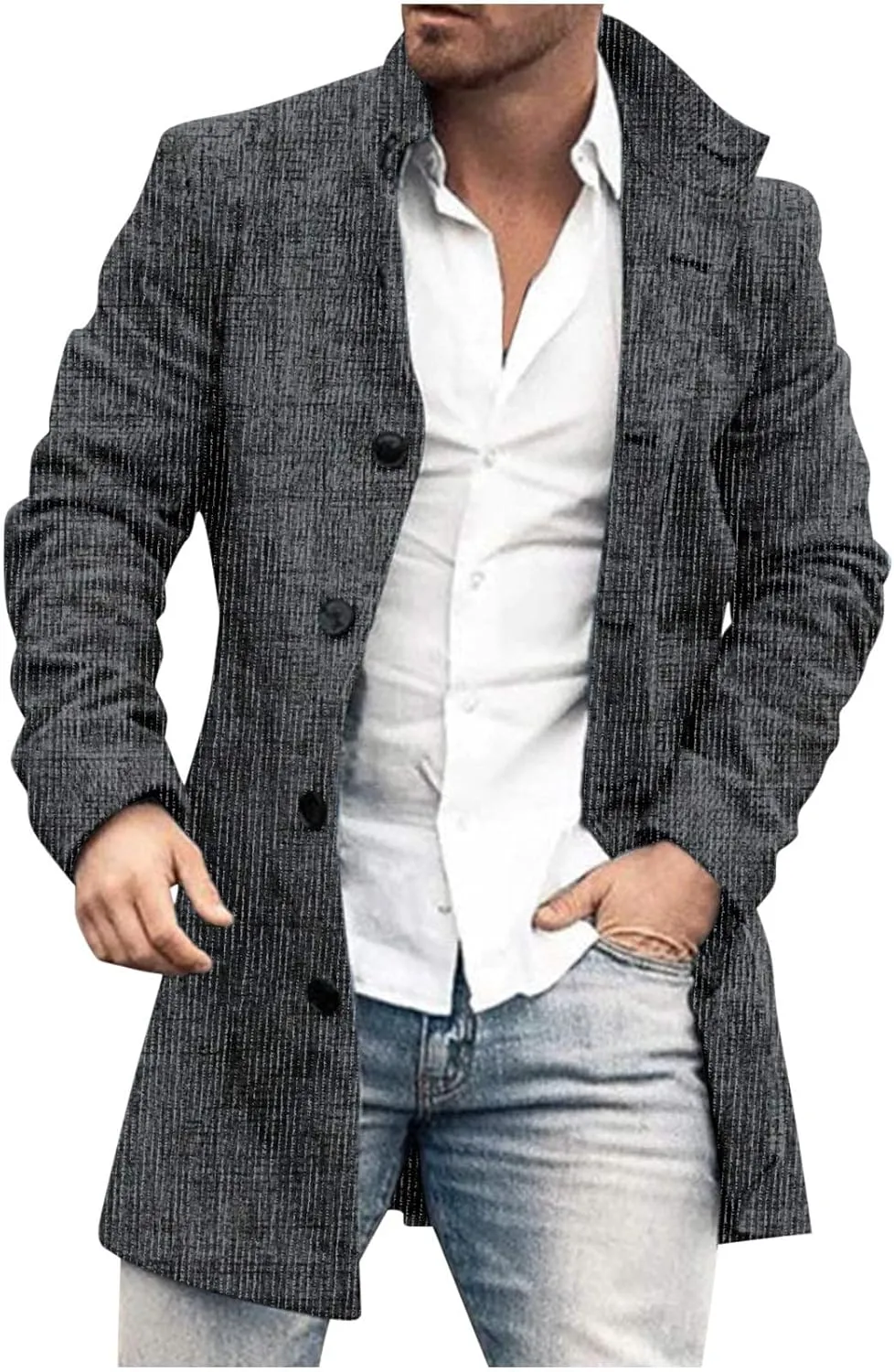 Mens Trench Coat Classic Printed Pea Coat Winter Long Single Breasted Classic Stylish Business Cardigan Overcoat