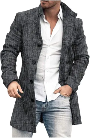 Mens Trench Coat Classic Printed Pea Coat Winter Long Single Breasted Classic Stylish Business Cardigan Overcoat
