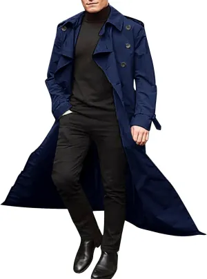 Mens Trench Coat Double Breasted Slim Fit Long Jacket Notched Lapel Belt Fall Casual Windproof Coat Big Tall Jacket