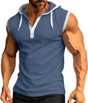 Mens Waffle Tank Tops Hoodie Shirts Sleeveless Gym Hoodies Bodybuilding Muscle Shirts Casual Beach Hippie Shirts