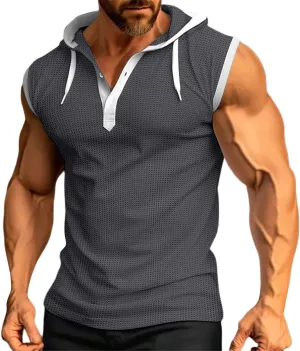 Mens Waffle Tank Tops Hoodie Shirts Sleeveless Gym Hoodies Bodybuilding Muscle Shirts Casual Beach Hippie Shirts