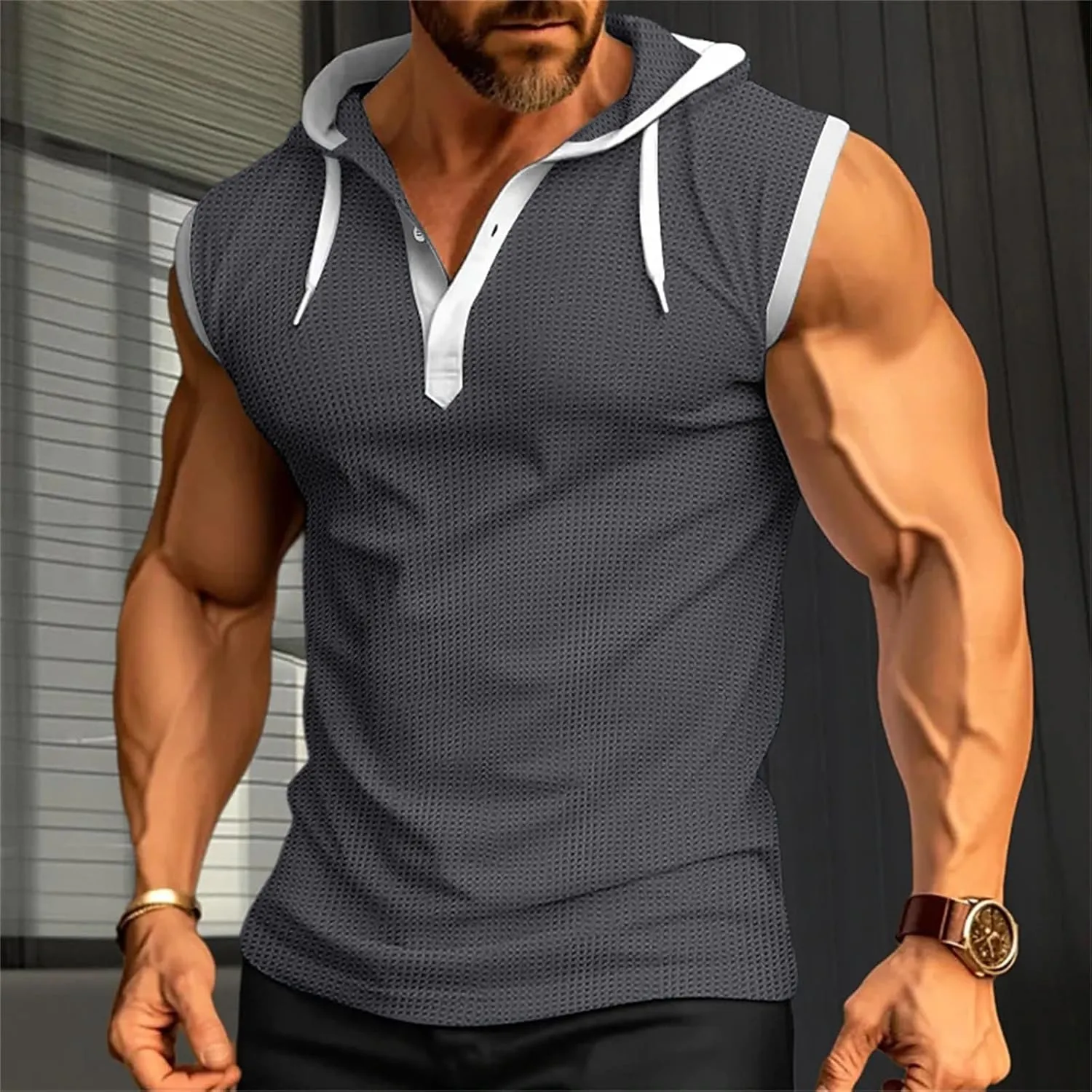 Mens Waffle Tank Tops Hoodie Shirts Sleeveless Gym Hoodies Bodybuilding Muscle Shirts Casual Beach Hippie Shirts
