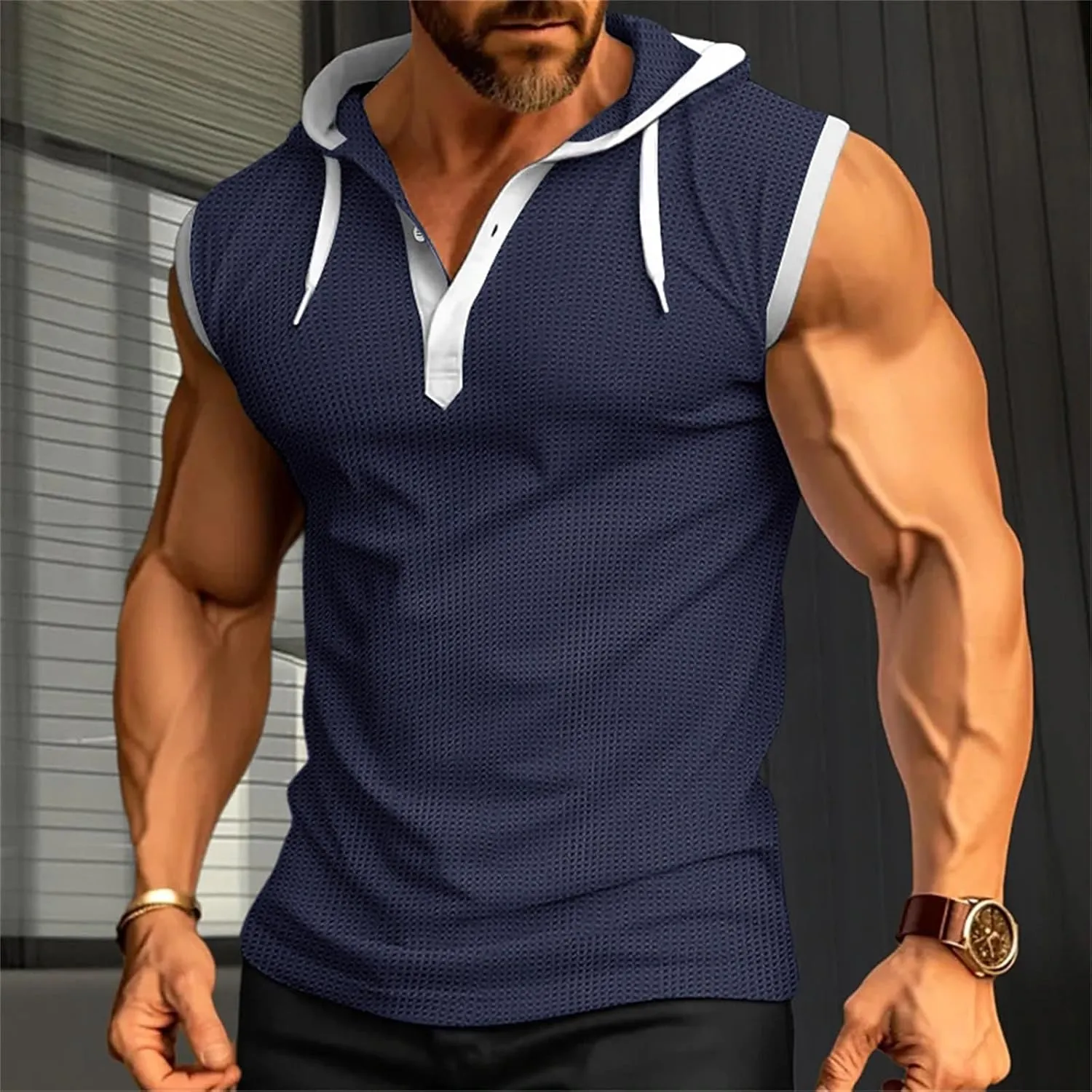 Mens Waffle Tank Tops Hoodie Shirts Sleeveless Gym Hoodies Bodybuilding Muscle Shirts Casual Beach Hippie Shirts