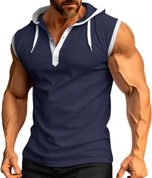 Mens Waffle Tank Tops Hoodie Shirts Sleeveless Gym Hoodies Bodybuilding Muscle Shirts Casual Beach Hippie Shirts