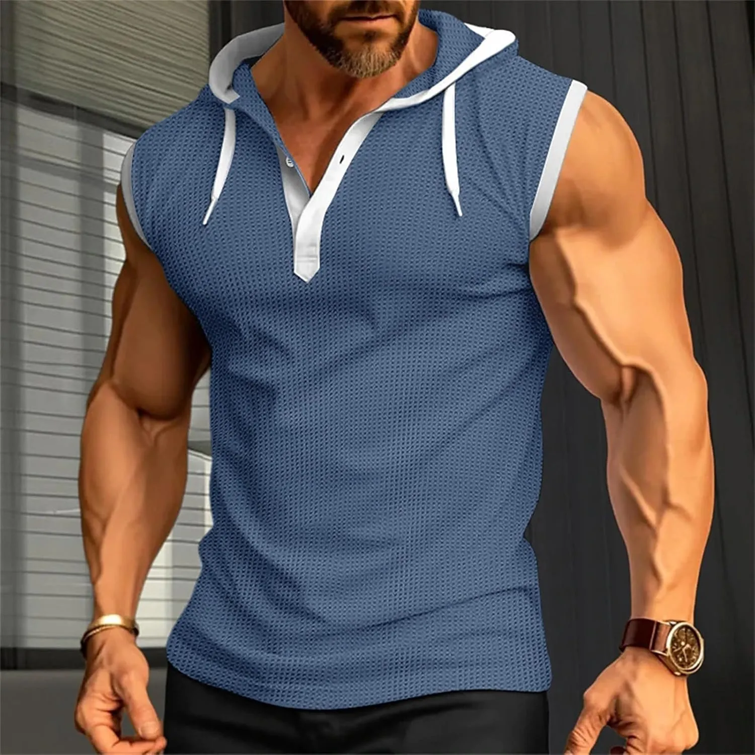 Mens Waffle Tank Tops Hoodie Shirts Sleeveless Gym Hoodies Bodybuilding Muscle Shirts Casual Beach Hippie Shirts