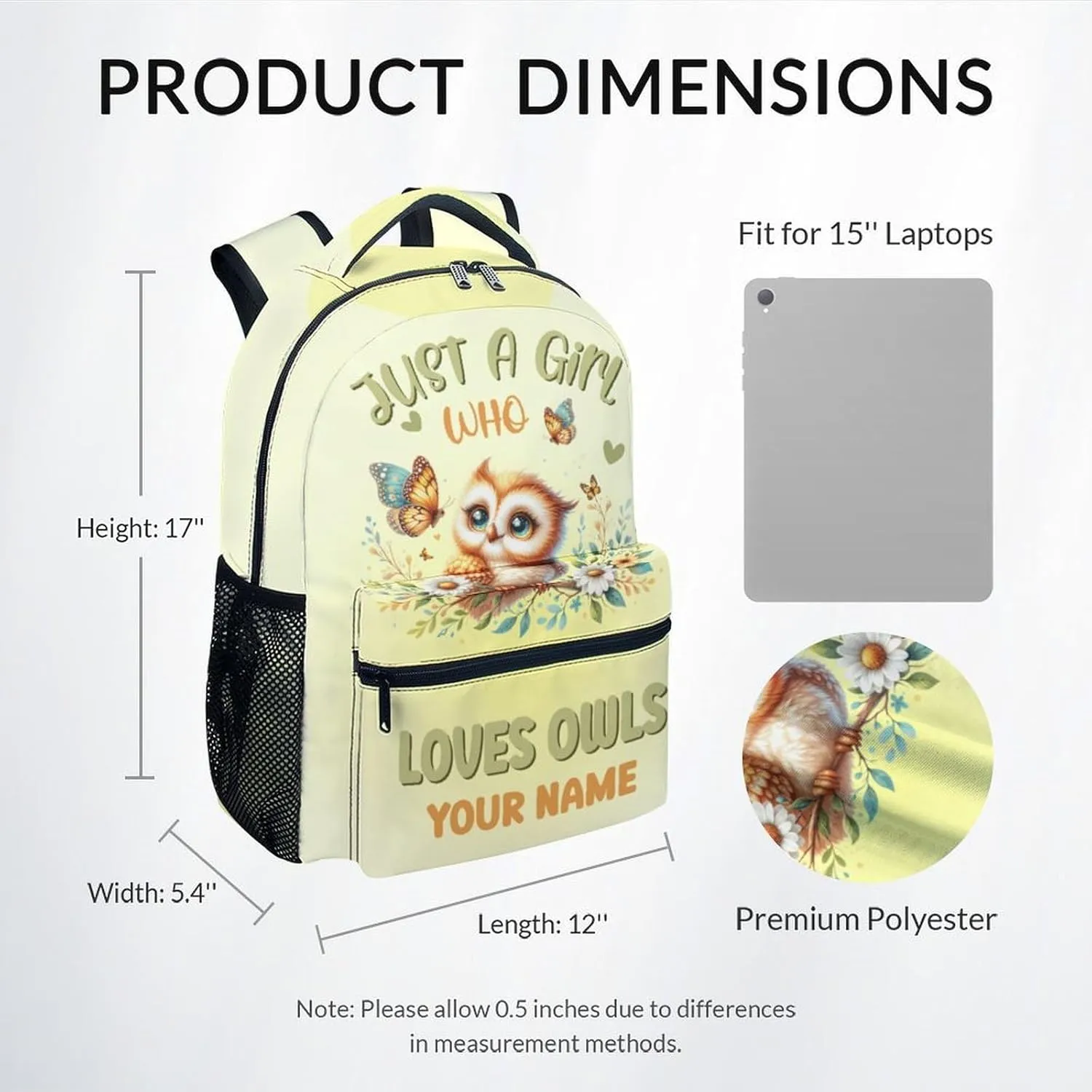 Mercuryelf School Backpack for Boys - 17 Inch Large Capacity Kid Backpack for School, Travel and Camp - Custom Yellow Lightweight Durable Owl Bookbag