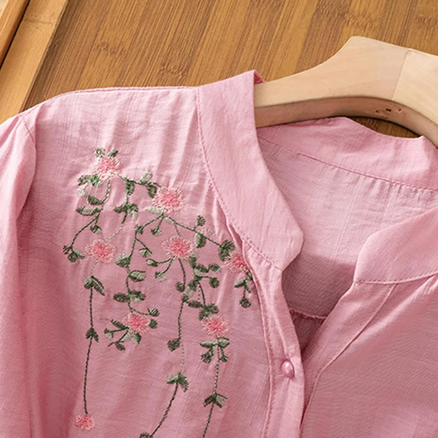 Mexico Shirts for Women Summer Embroidered Cotton Linen Blouse 3/4 Sleeve V Neck Top Vintage Boho Causal Button Shirt