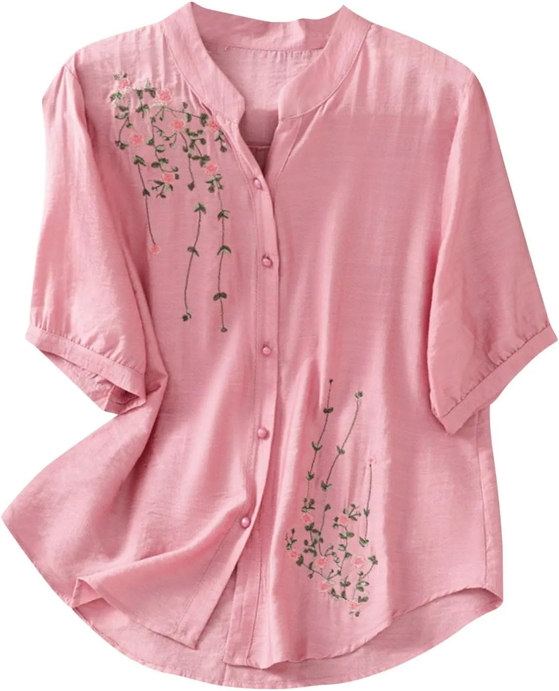 Mexico Shirts for Women Summer Embroidered Cotton Linen Blouse 3/4 Sleeve V Neck Top Vintage Boho Causal Button Shirt