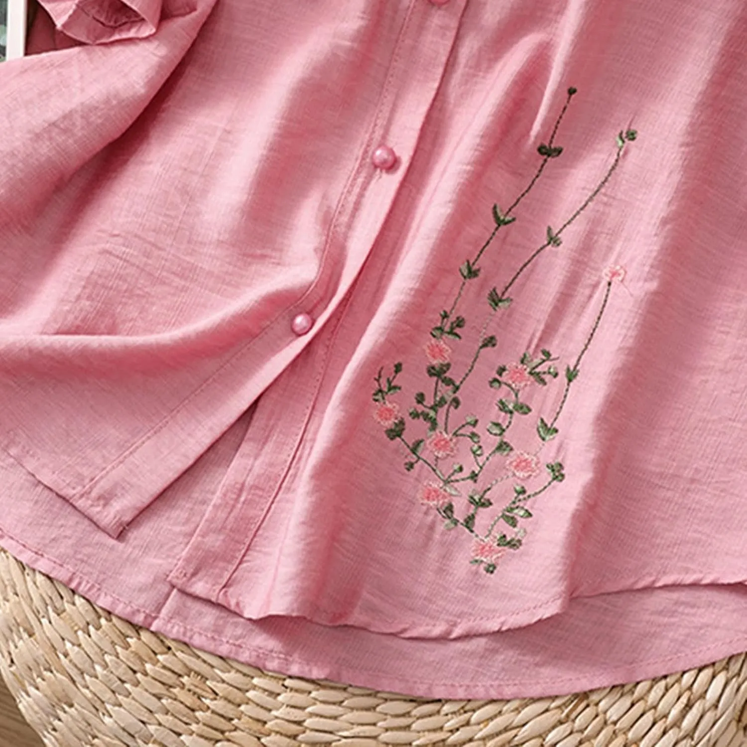 Mexico Shirts for Women Summer Embroidered Cotton Linen Blouse 3/4 Sleeve V Neck Top Vintage Boho Causal Button Shirt