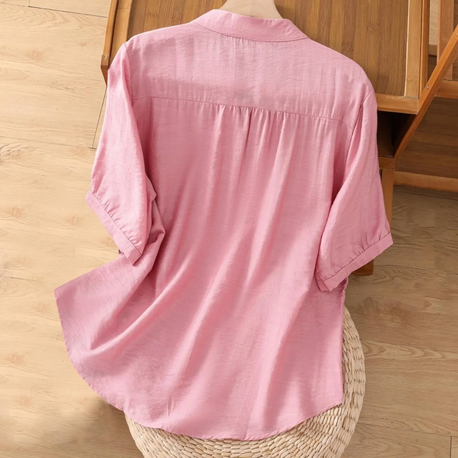 Mexico Shirts for Women Summer Embroidered Cotton Linen Blouse 3/4 Sleeve V Neck Top Vintage Boho Causal Button Shirt