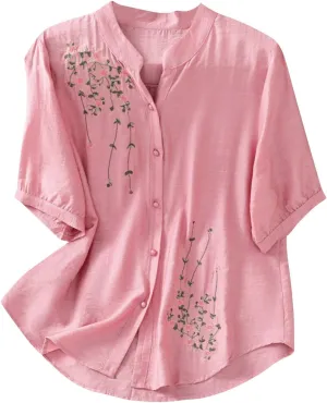 Mexico Shirts for Women Summer Embroidered Cotton Linen Blouse 3/4 Sleeve V Neck Top Vintage Boho Causal Button Shirt