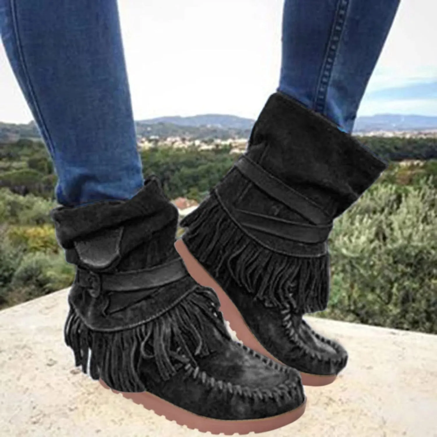 Mid Calf Boots for Women Comfortable Boots for Women Casual Fashion Round Toe Retro Short Women's Fringe Boots Comfy
