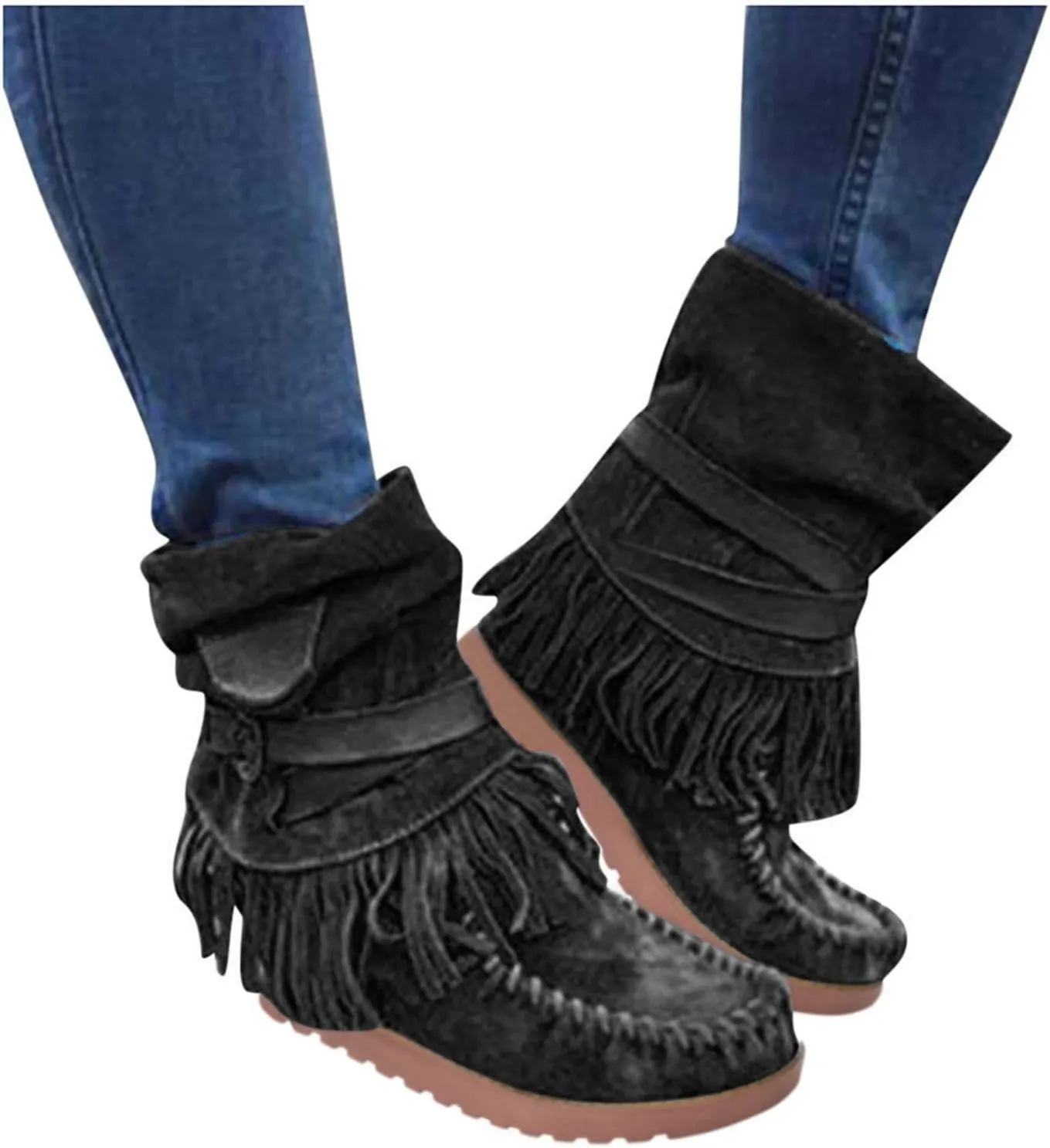 Mid Calf Boots for Women Comfortable Boots for Women Casual Fashion Round Toe Retro Short Women's Fringe Boots Comfy