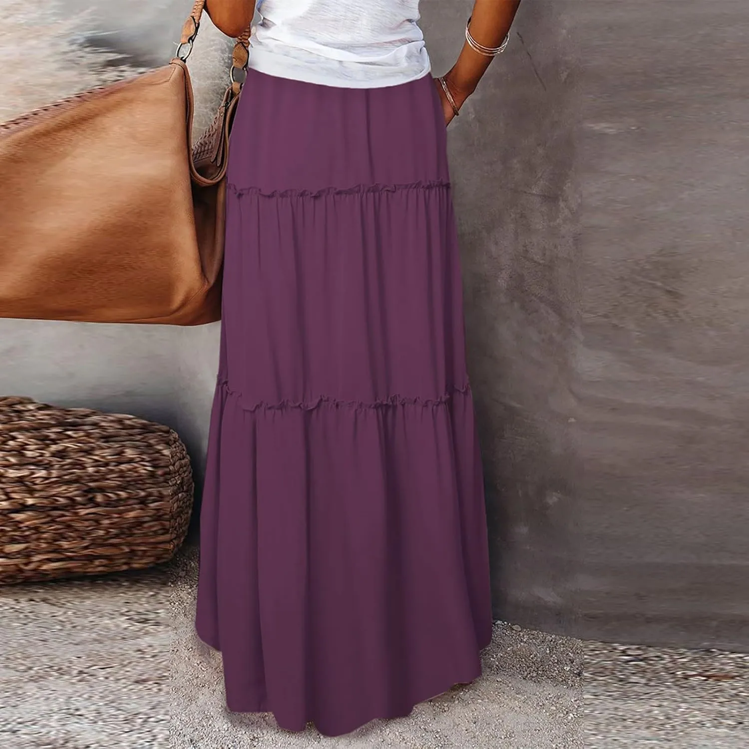 midelxp Pleated Long Skirts for Women Summer Casual Elastic High Waisted Skirts A-Line Flowy Swing Maxi Skirt with Pockets