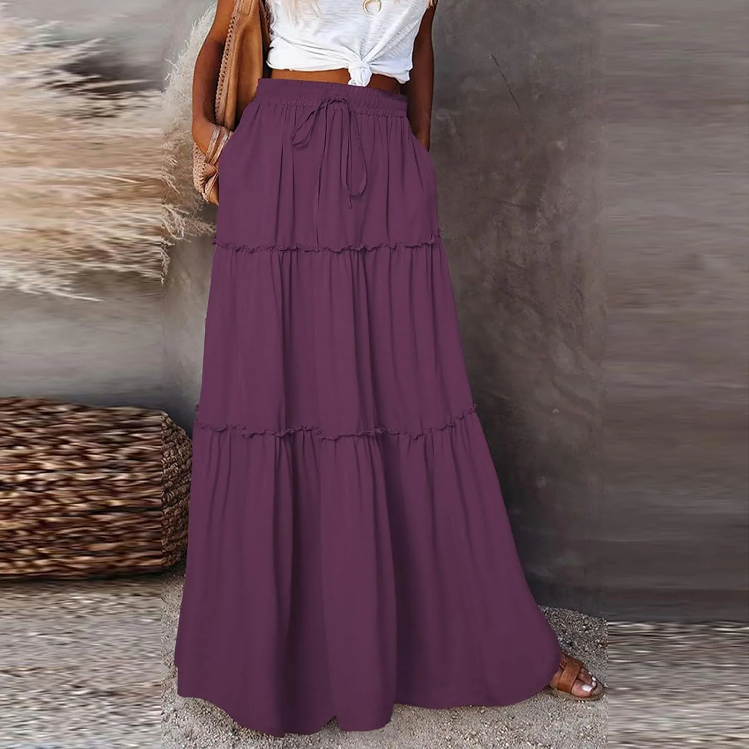 midelxp Pleated Long Skirts for Women Summer Casual Elastic High Waisted Skirts A-Line Flowy Swing Maxi Skirt with Pockets