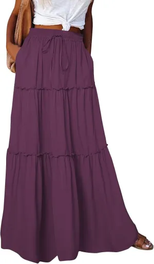 midelxp Pleated Long Skirts for Women Summer Casual Elastic High Waisted Skirts A-Line Flowy Swing Maxi Skirt with Pockets