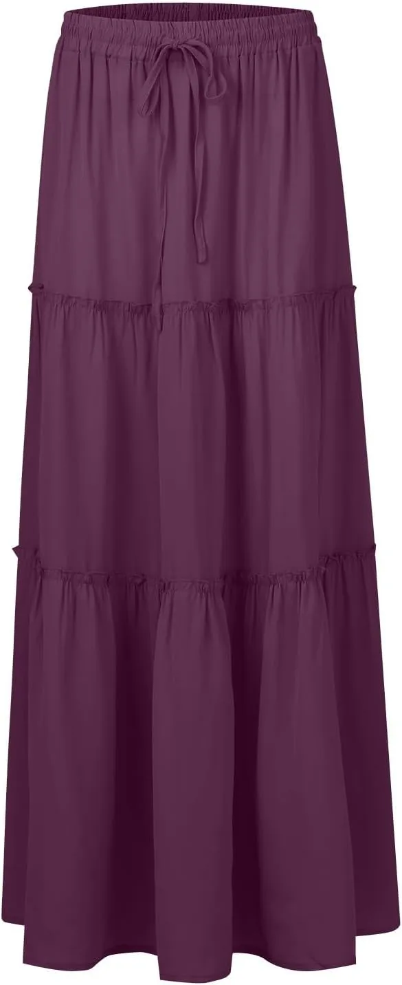 midelxp Pleated Long Skirts for Women Summer Casual Elastic High Waisted Skirts A-Line Flowy Swing Maxi Skirt with Pockets